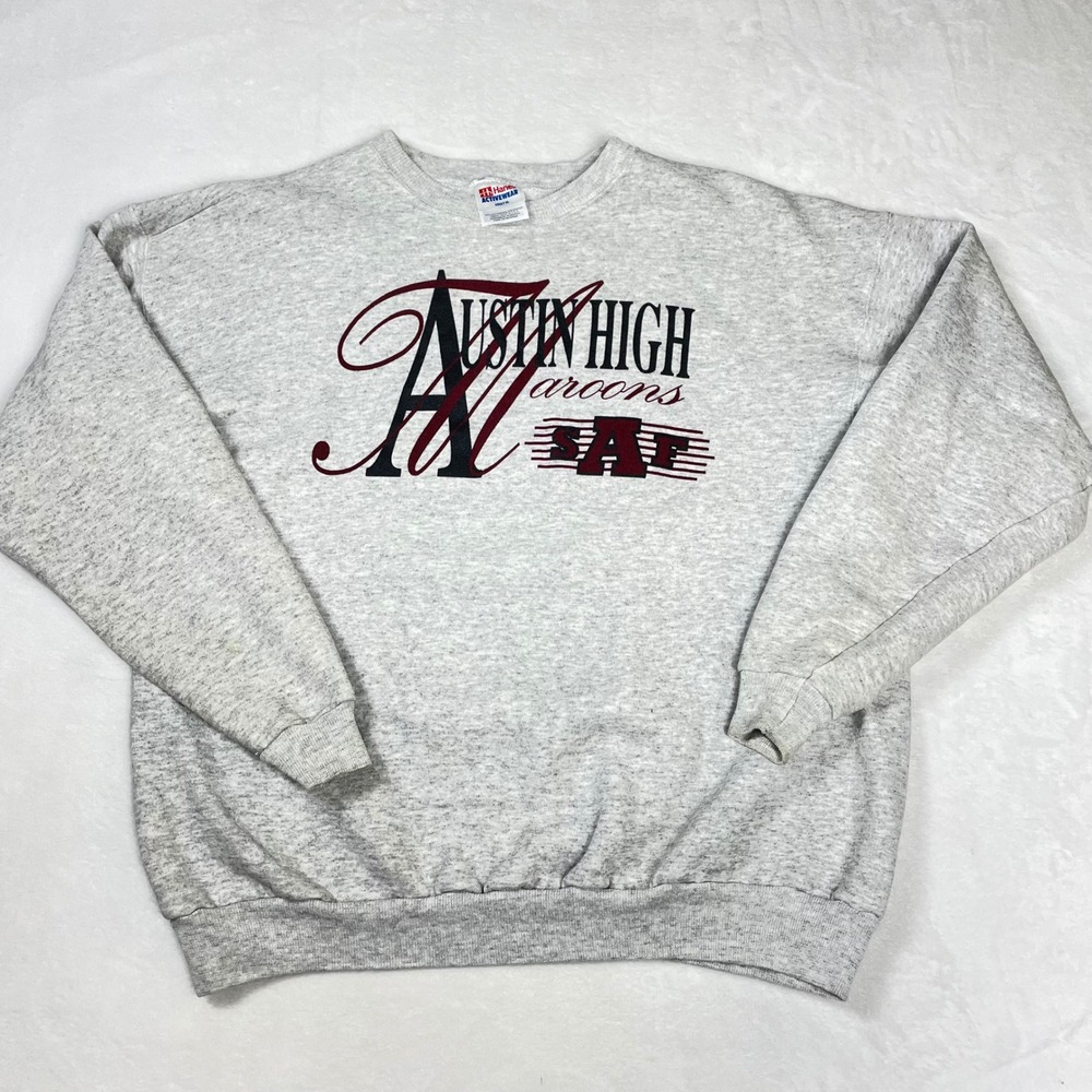 Hanes Sweatshirt Cotton Men XL Gray Good Austin High Maroons Vintage Pullover